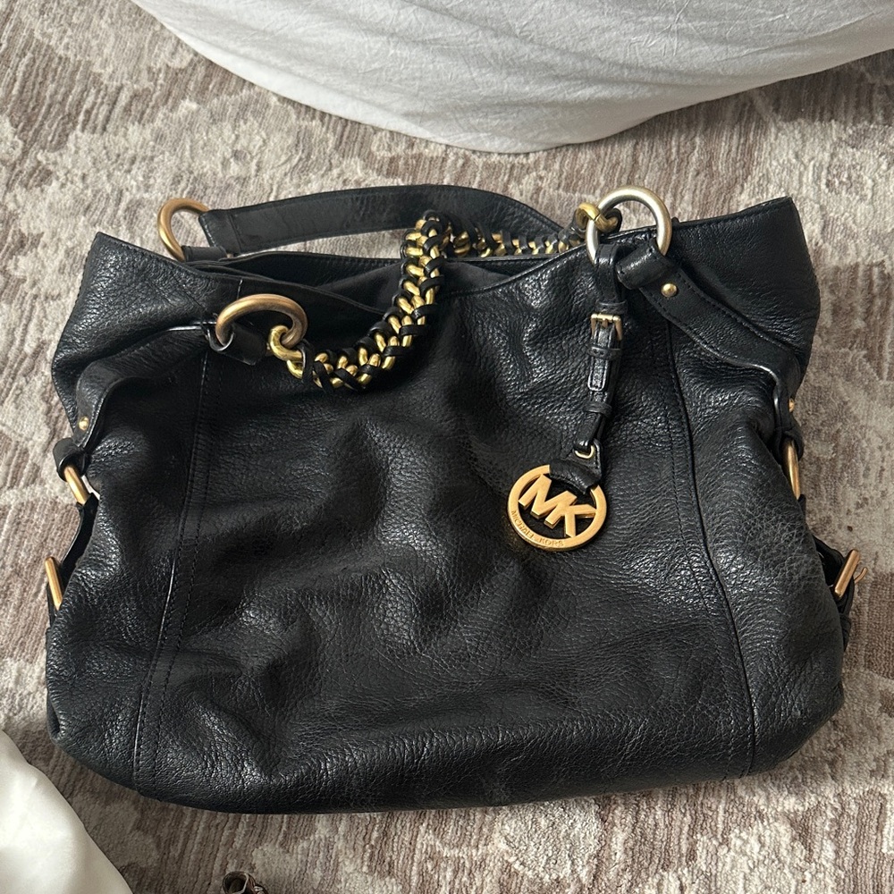 Michael Kors Black Leather Shoulder Bag with Gold Accents